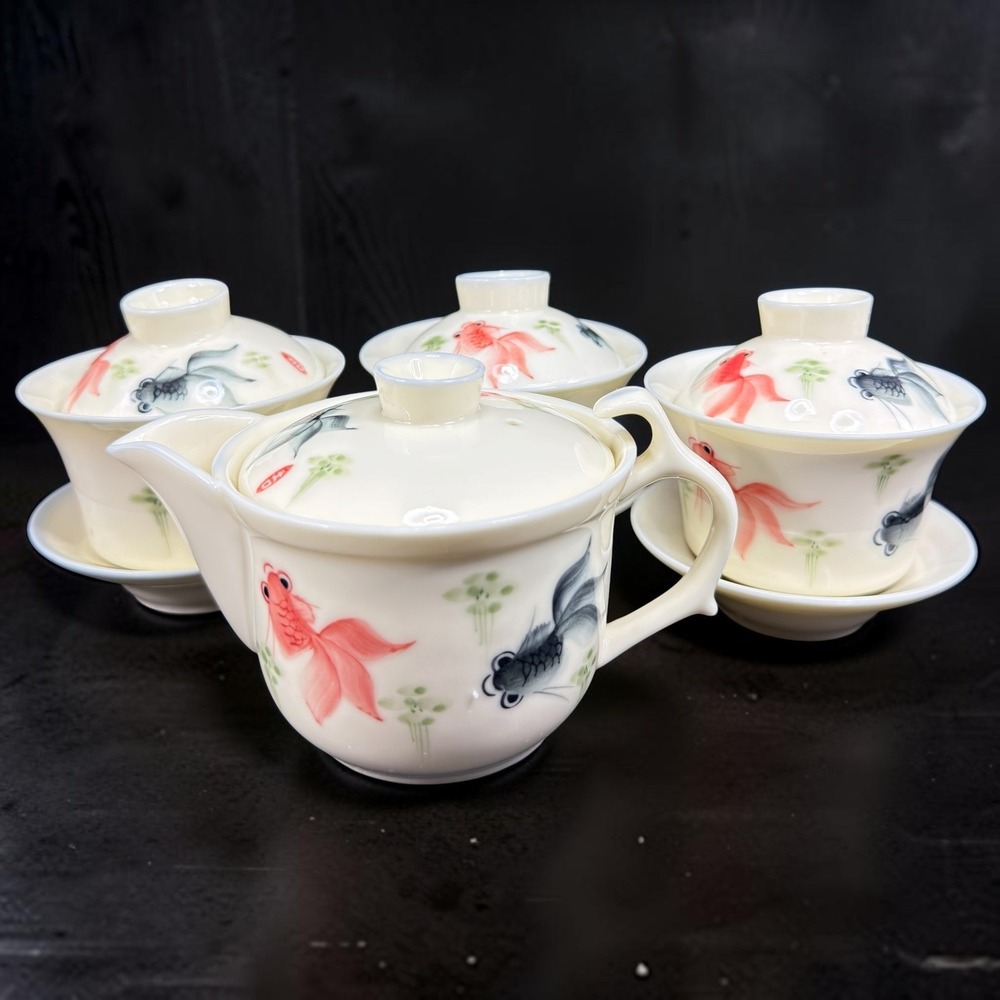 Chinese Porcelain Goldfish Tea Set Teapot 3 Lidded Gaiwan Cups Saucers Painted